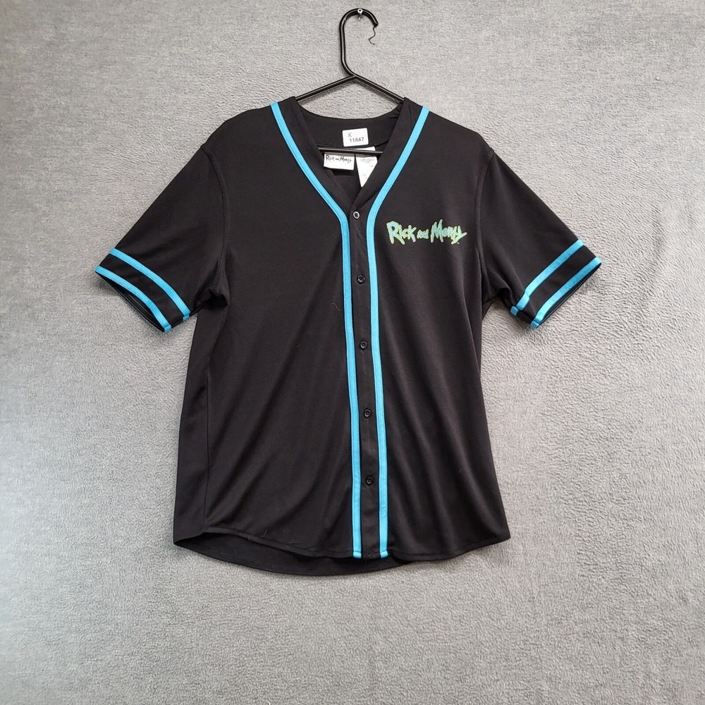 Rick & Morty Men Shirt Small Black Baseball Jersey Button Down Short Sleeve